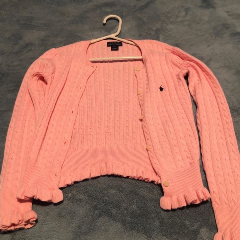 A pink Polo Ralph Lauren button up sweater
